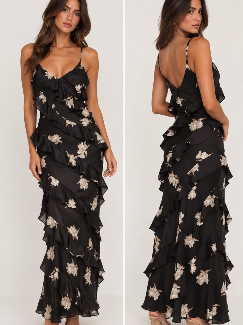 Petal & Pup Black Floral Ruffle Slip Maxi Dress with Cream Blossoms